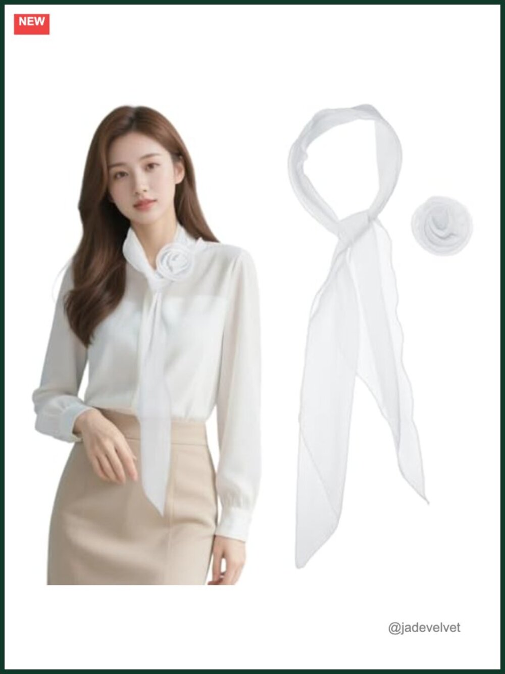 Chiffon Scarf for Women, Long Skinny Neckerchief with Detachable Rose Flower,